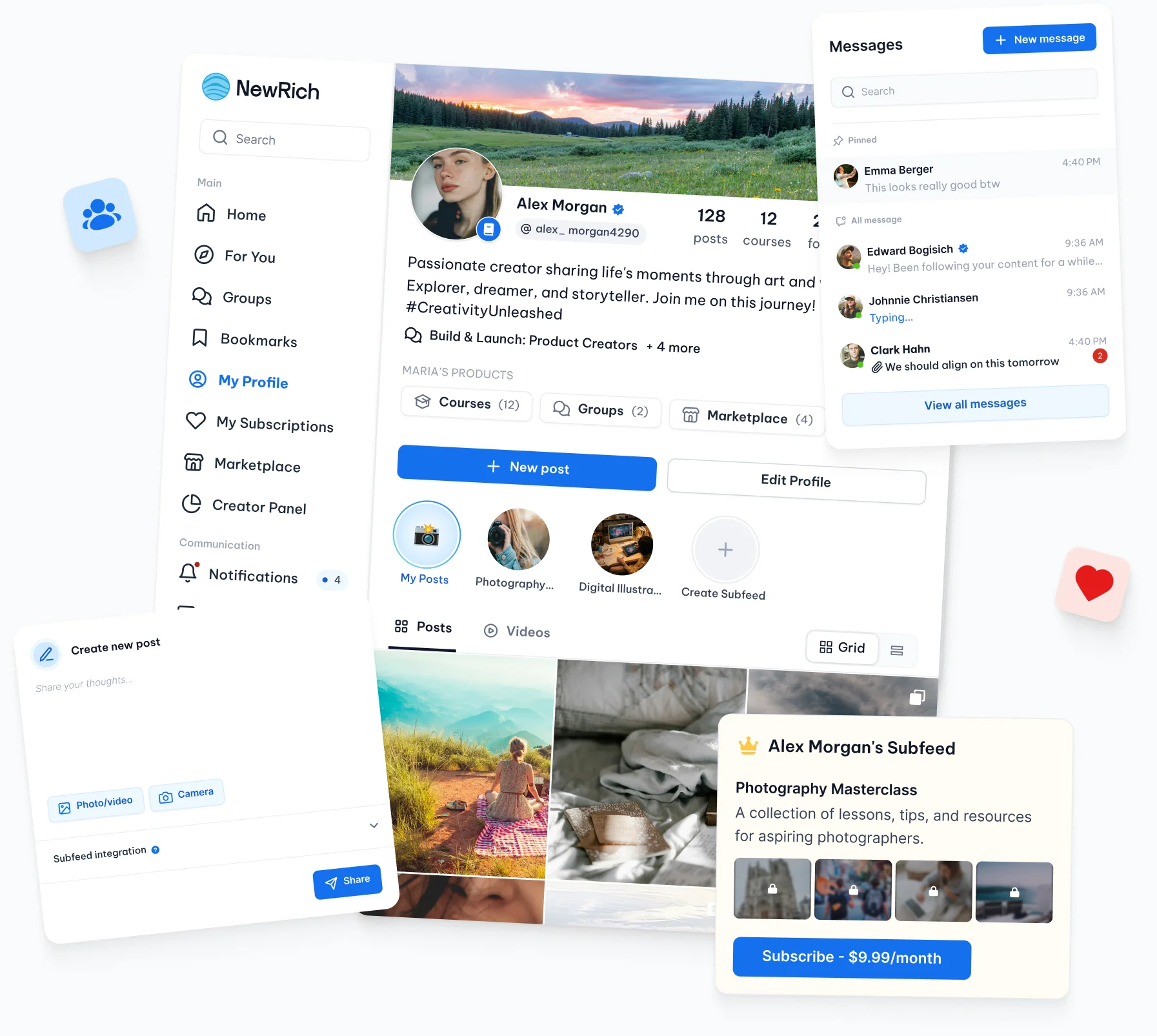 Creator profile, messages, new post, and Subfeed subscribe mockups